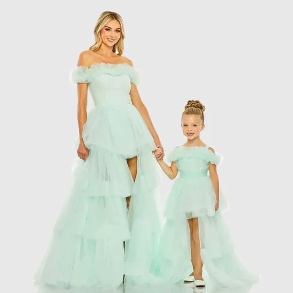 NWT $598 MAC DUGGAL GIRLS RUFFLED TULLE MINT SAGE GOWN DRESS MAXI TRAIN 20586 - Picture 4 of 6